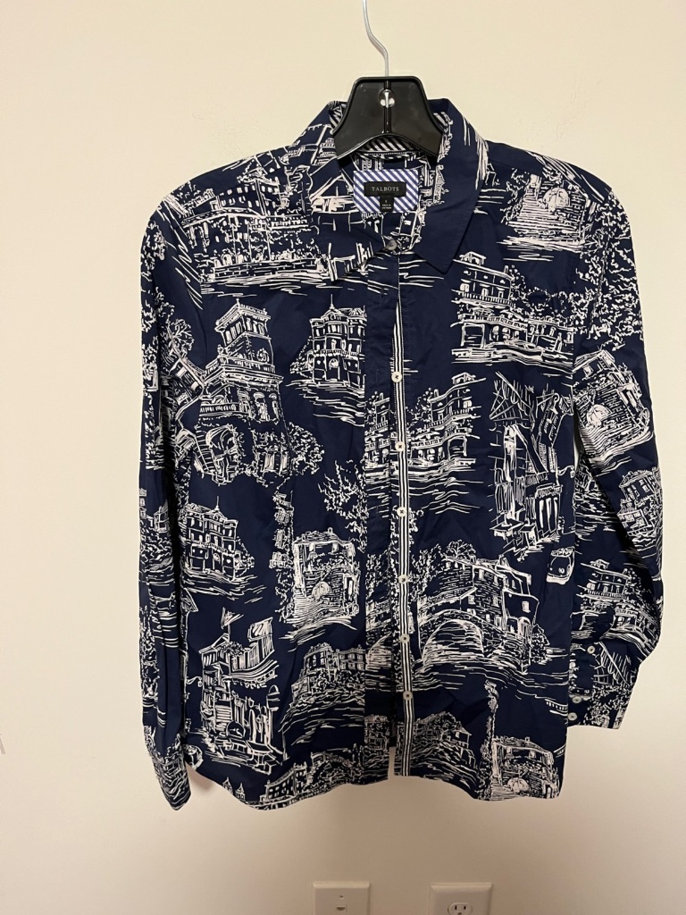 Talbots Navy & White Zip-Front Scenic Print Shirt